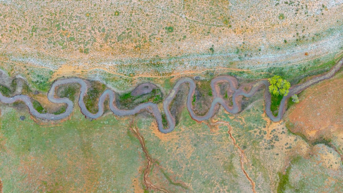 Aerial view showcasing winding river through arid terrain with sparse vegetation.