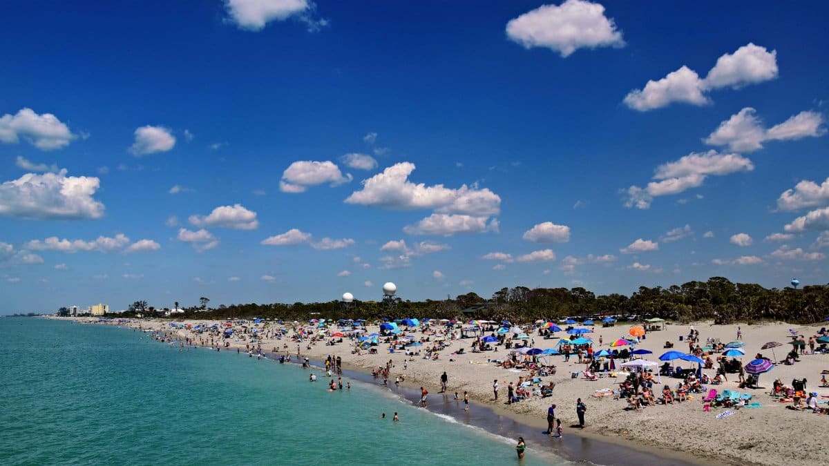 Sunny beach scene in Venice, Florida with crowds enjoying the ocean and sand under a blue sky.