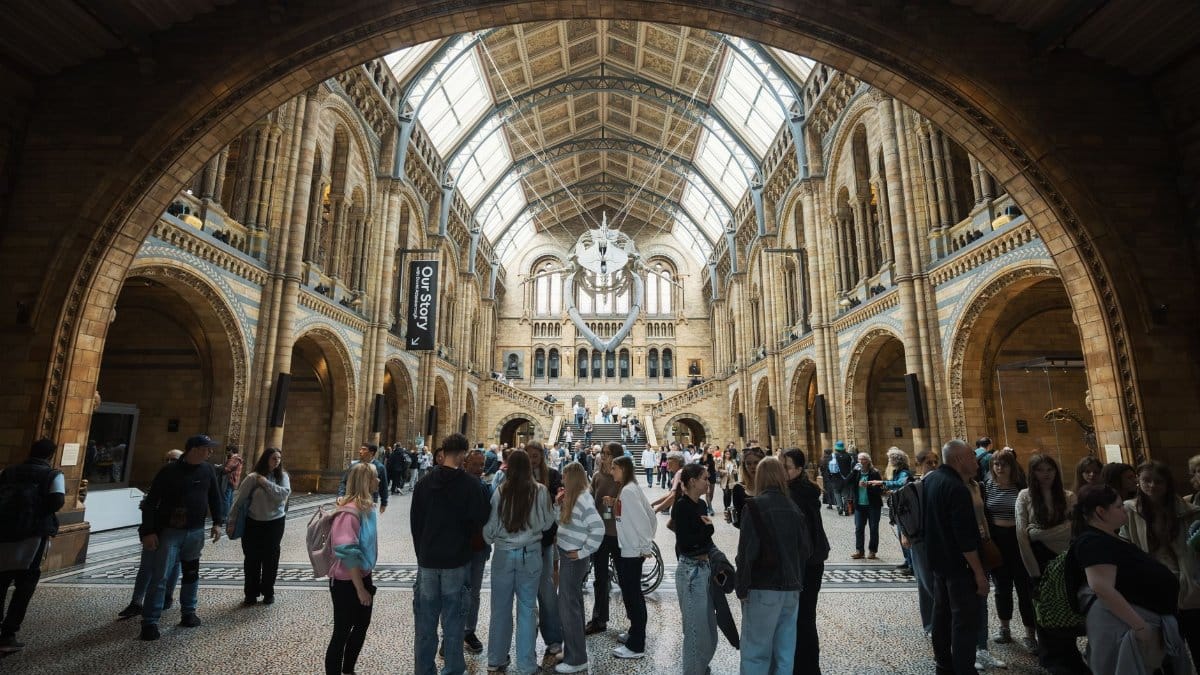 Inside the bustling Natural History Museum with a diverse crowd. Ornate architecture in a bright, dynamic setting.