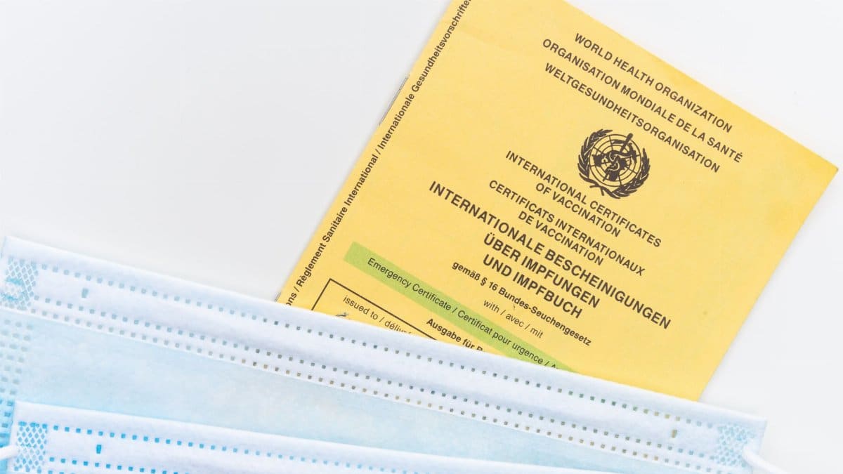 An international vaccination certificate with face masks on a white surface symbolizing health safety.