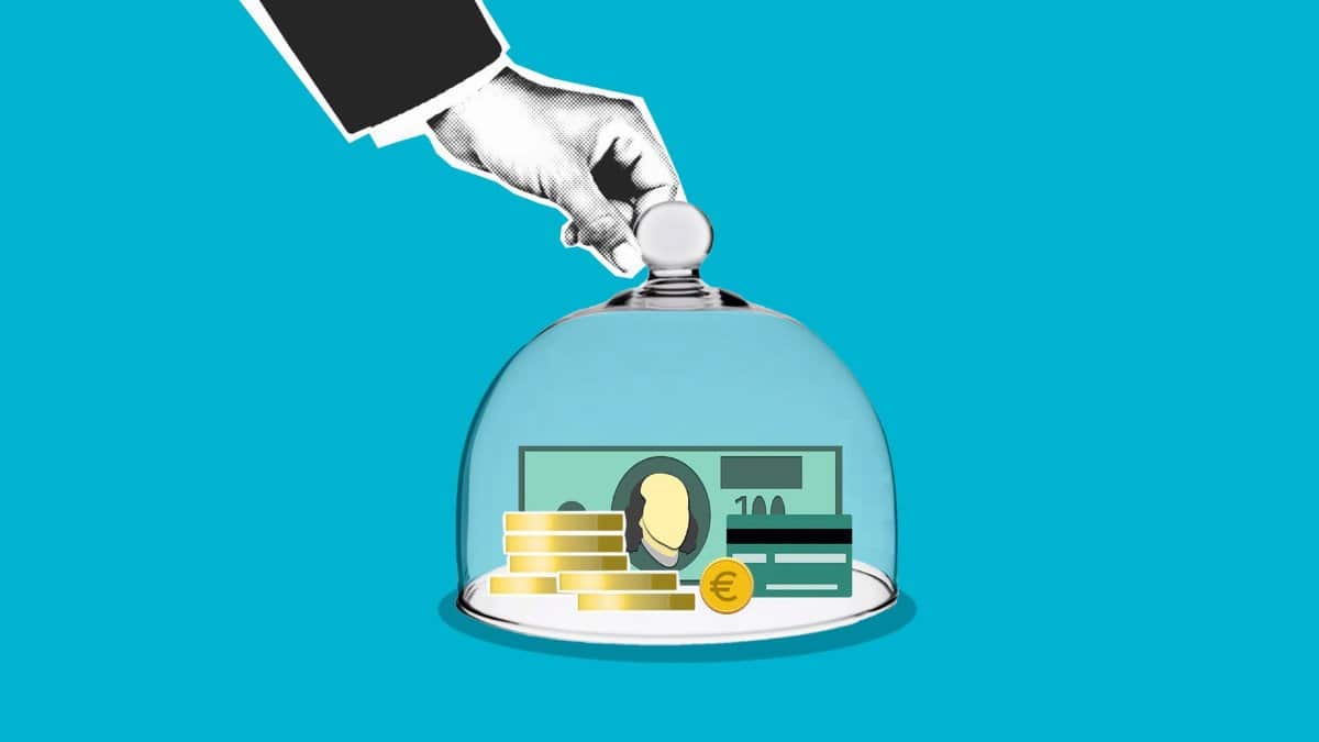 Decorative cardboard illustration of person hand putting transparent dome on dollar banknotes and coins on blue background