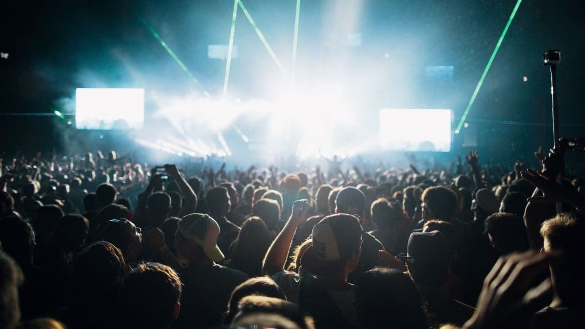 Thrilling live concert experience with a crowd under spectacular laser lights.