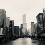 Stunning black and white cityscape of Chicago featuring the river and skyline.