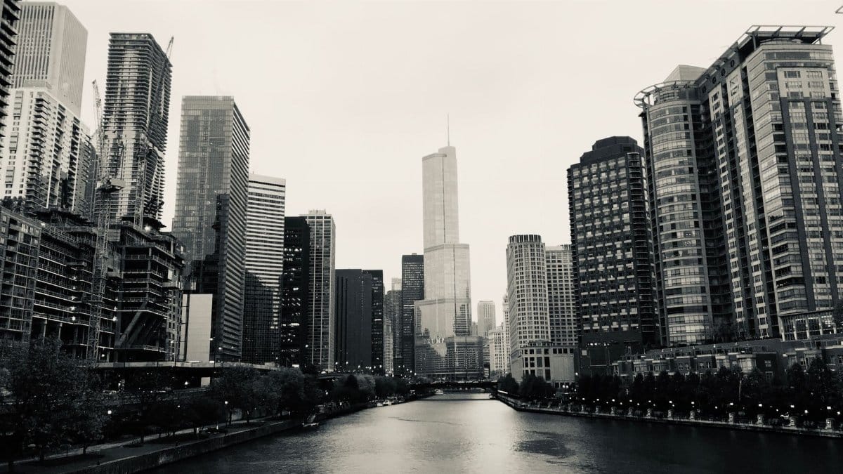 Stunning black and white cityscape of Chicago featuring the river and skyline.