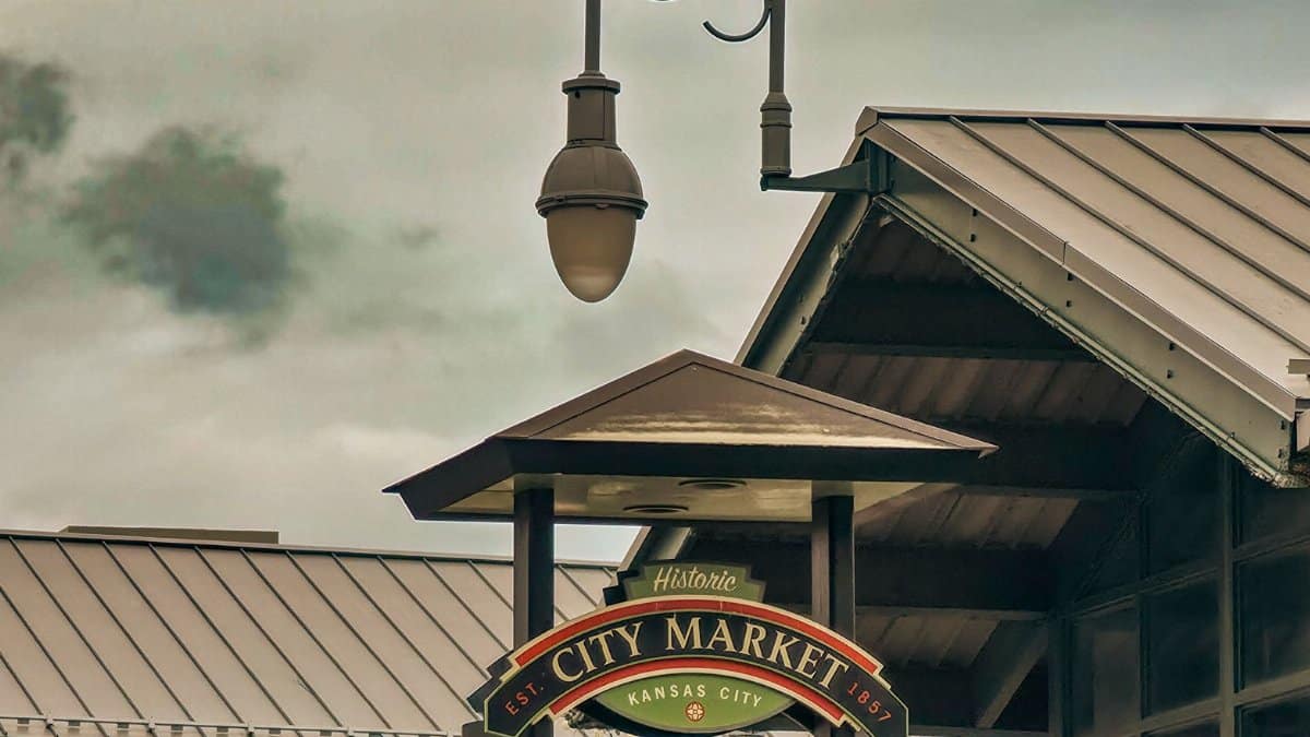 Iconic City Market sign in Kansas City, showcasing historic district charm and urban design.