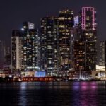 A stunning view of Miami's illuminated skyline reflecting on water at night.
