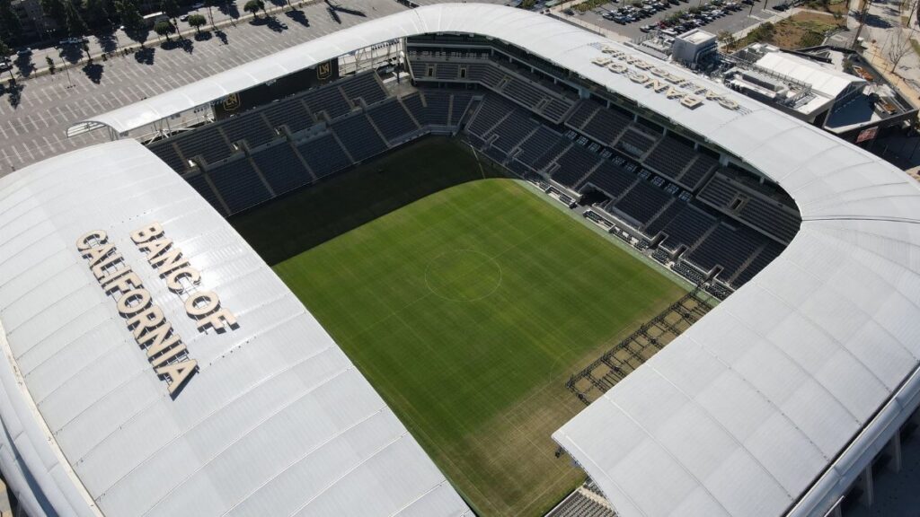 A panoramic aerial shot of the Banc of California Stadium, showcasing its modern architecture in Los Angeles, CA.