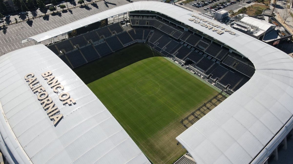 A panoramic aerial shot of the Banc of California Stadium, showcasing its modern architecture in Los Angeles, CA.