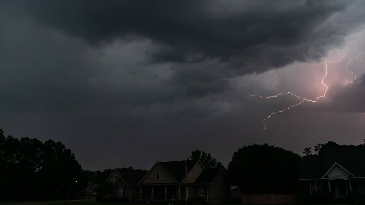 Capture of a lightning storm over suburban homes in North Carolina, USA.