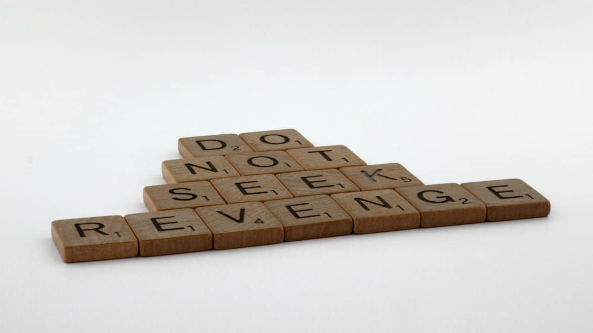 Wooden letter tiles on white background spelling 'DO NOT SEEK REVENGE'.