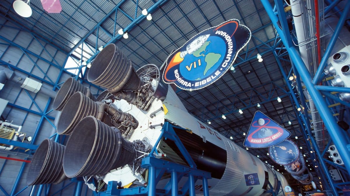 Explore the iconic Saturn V rocket exhibit at NASA's Kennedy Space Center in Florida, showcasing American space history.