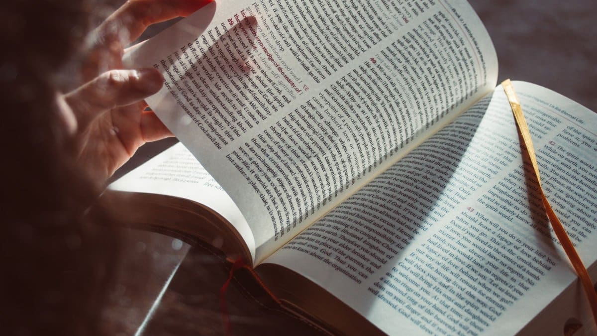 A hand gently turning a page of an open book in sunlight, creating a warm, tranquil reading scene.
