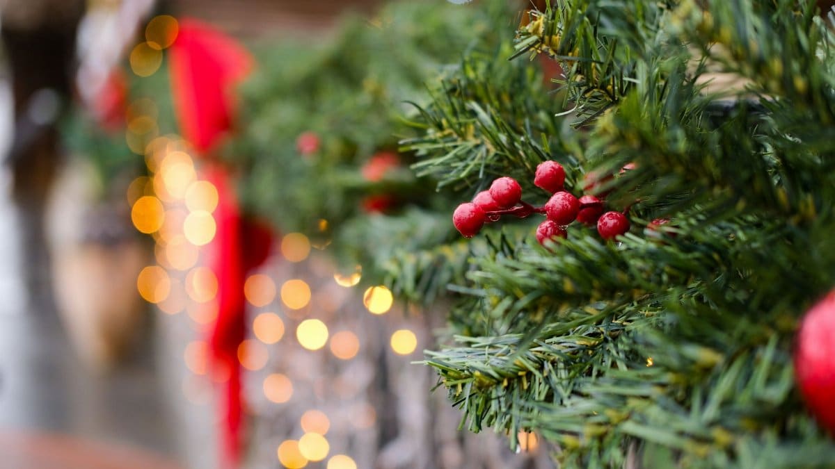 Close-up of a Christmas garland with red berries and glowing bokeh lights for a festive atmosphere.