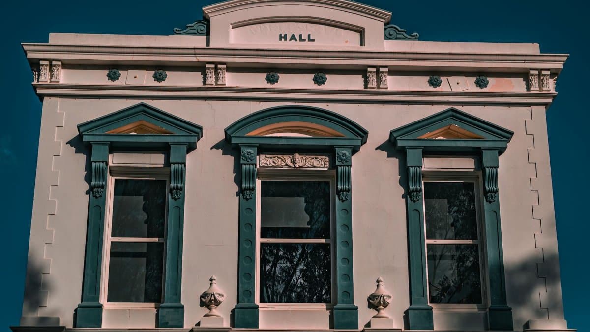 Front view of vintage Town Hall in York, WA, showcasing architectural features.