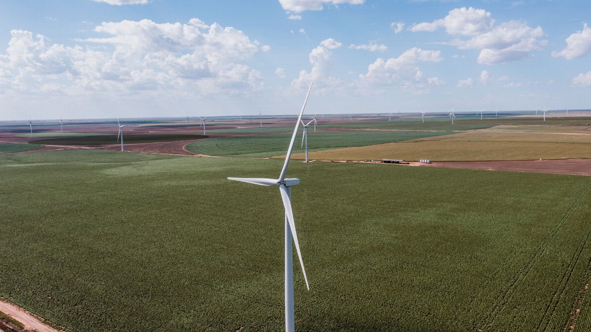 Expansive aerial view of wind turbines over green fields in Groom, Texas, showcasing renewable energy.