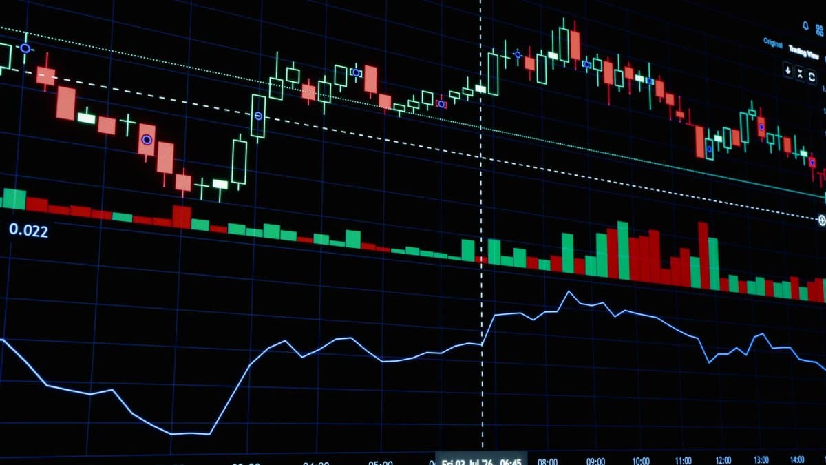 Close-up of stock market candlestick chart showcasing financial data trends.