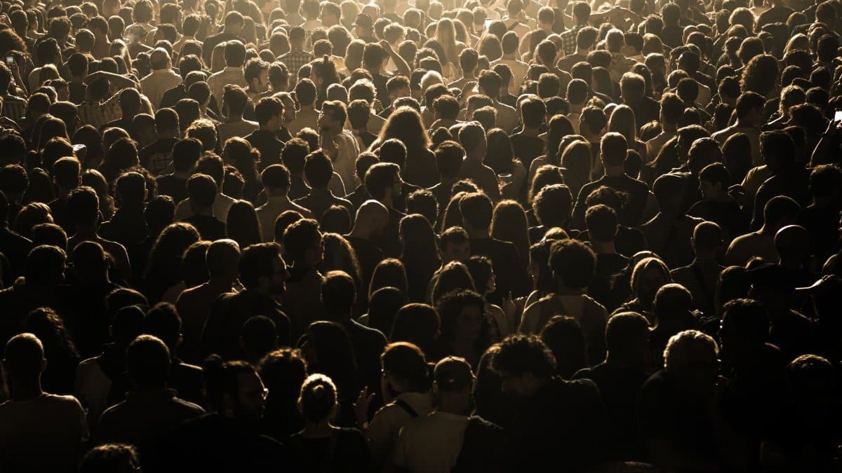A dense crowd of people gathered at a nighttime concert, illuminated by stage lights.