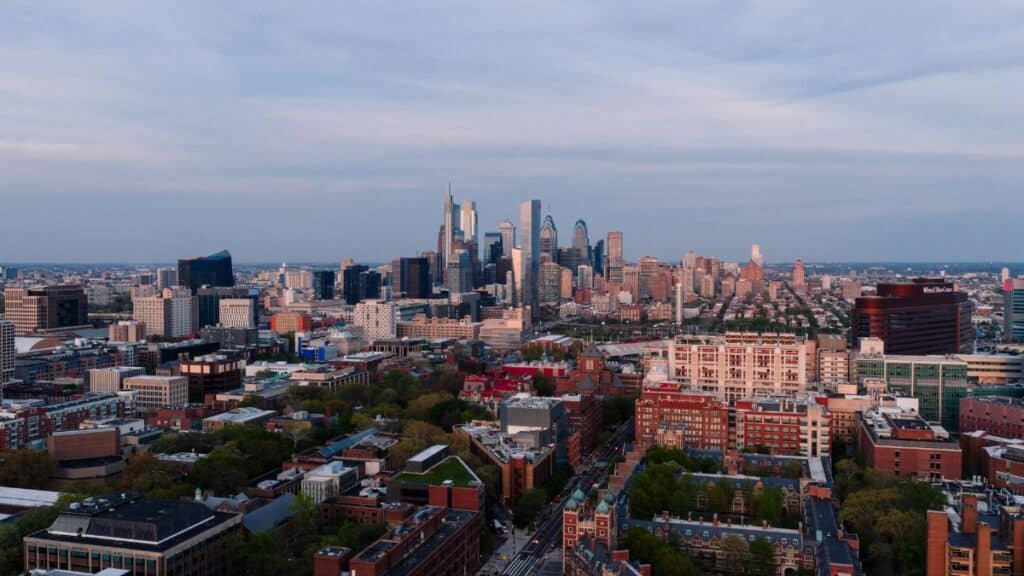 A breathtaking aerial view of Philadelphia's skyline, showcasing iconic skyscrapers and urban architecture.