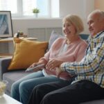 Elderly couple enjoying time together on the couch at home watching TV.