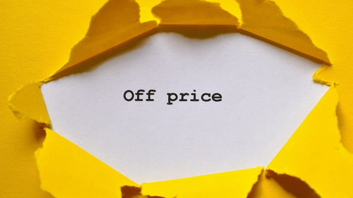 Bright yellow paper reveals 'Off Price' text, perfect for sales and promotions.