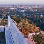 Stunning panoramic view from Getty Center featuring modern architecture and lush gardens against Los Angeles skyline.