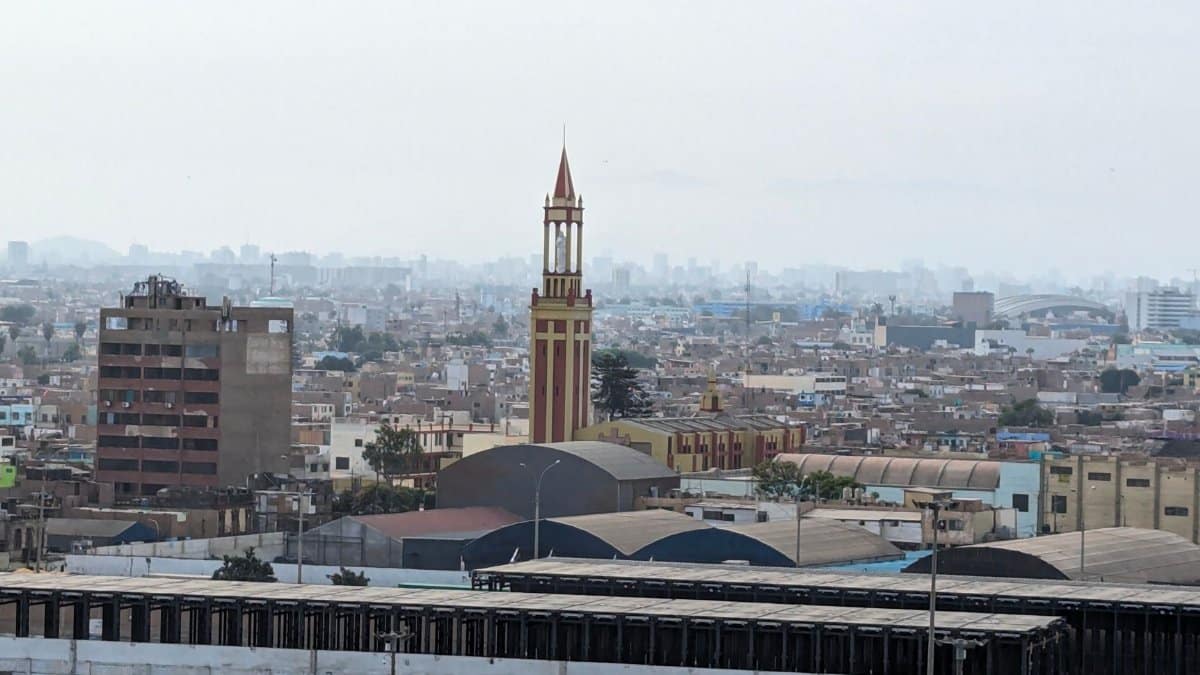 Urban cityscape with a prominent historic clock tower amidst a sprawling city skyline, overcast sky.