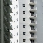Close-up of modern high-rise apartment buildings with balconies in Miami, Florida.