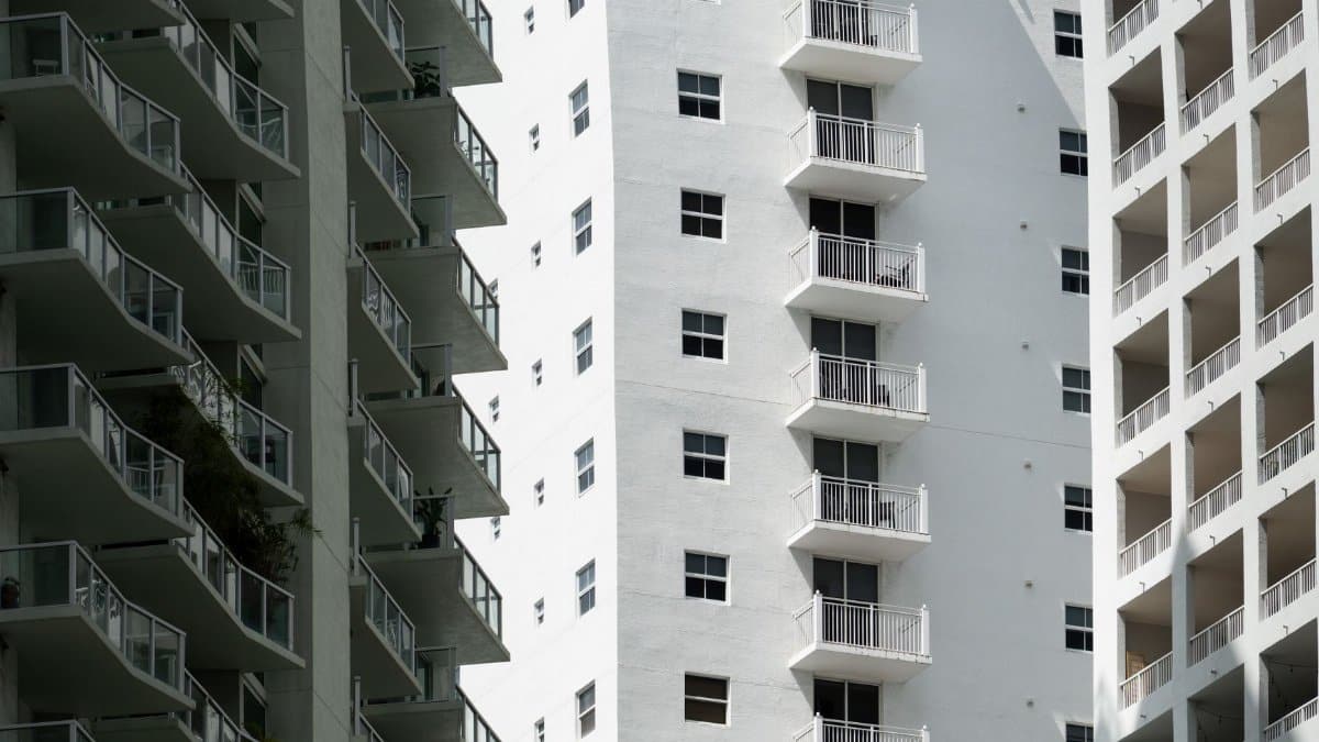 Close-up of modern high-rise apartment buildings with balconies in Miami, Florida.