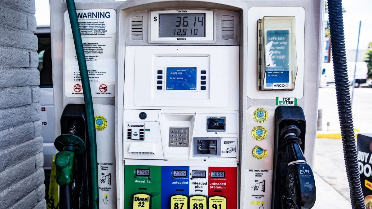 Close-up of a fuel pump showing gasoline and diesel options at a gas station in Los Angeles.