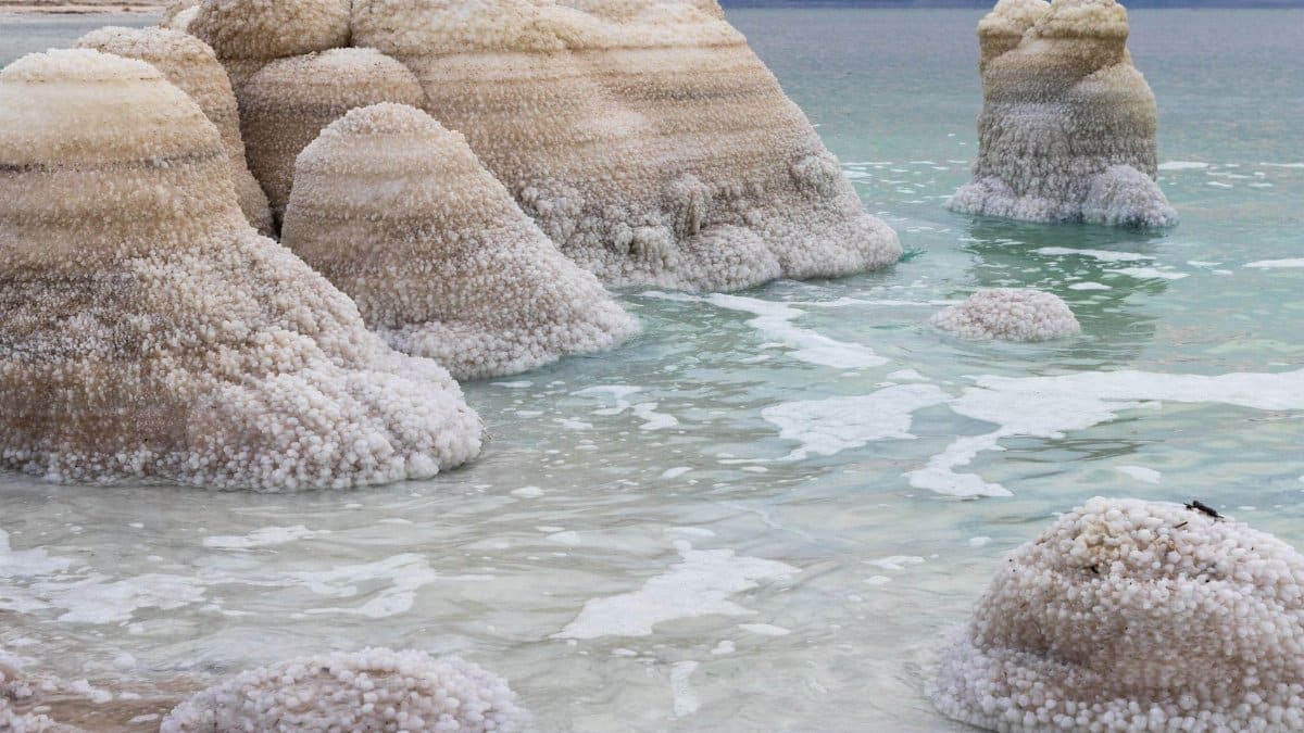 Unique salt formations in the Dead Sea create a stunning natural landscape.