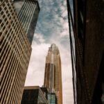 Tall skyscrapers reaching for the sky in downtown Minneapolis, showcasing urban architecture.