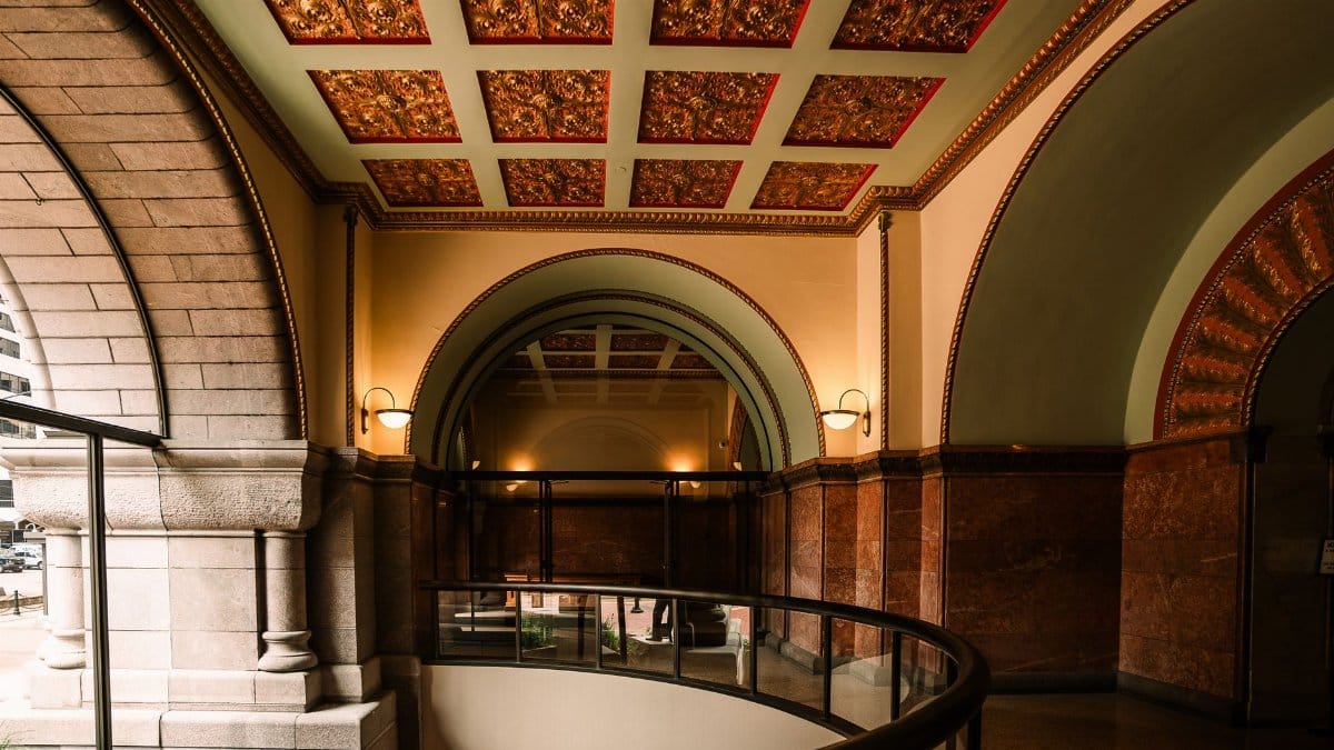 Luxurious interior of a public building with ornate ceiling in Minneapolis, Minnesota.