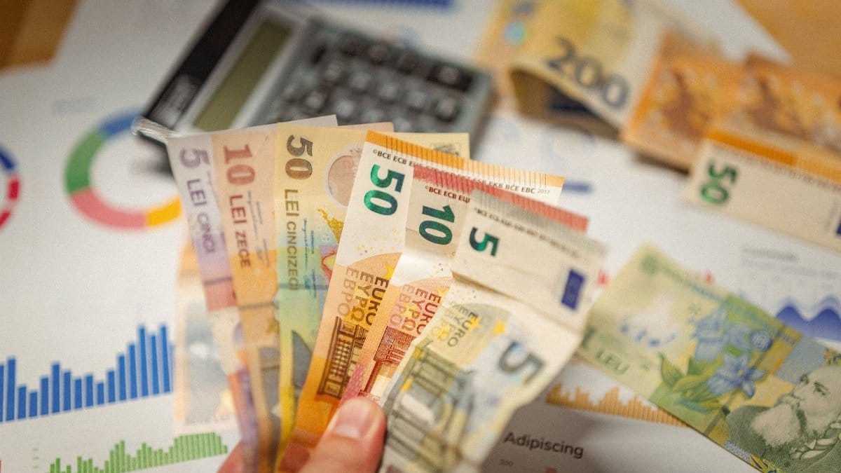 Close-up of currency notes with financial graphs and a calculator.