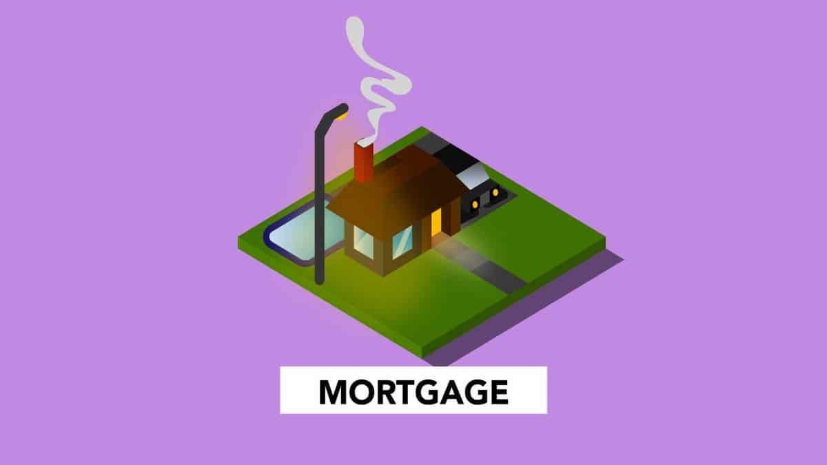 Cardboard illustration of building with swimming pool and lawn above Mortgage inscription on violet background