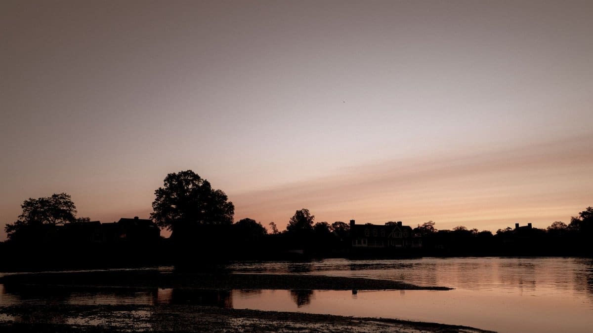 Tranquil sunrise scene in Stamford, CT, displaying calm waters and silhouetted trees.