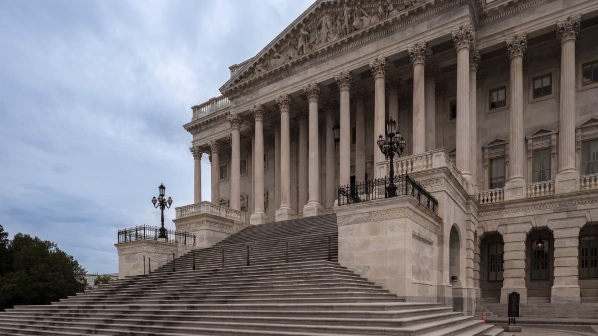 Majestic view of the Capitol Building's colonnade and steps in Washington DC, USA.