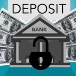 Decorative cardboard illustration of lock on bank with American paper money under Deposit inscription on blue background
