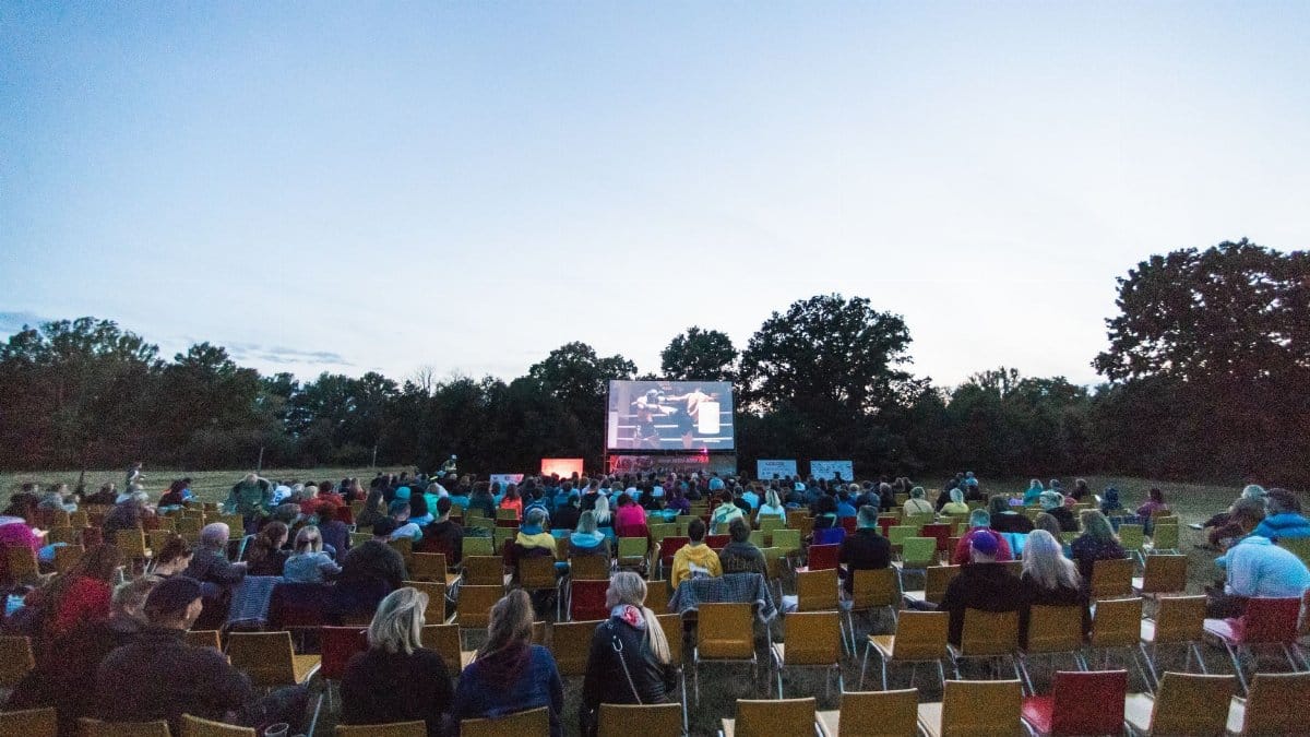 A large audience enjoys an outdoor movie screening in a Czech park at twilight.