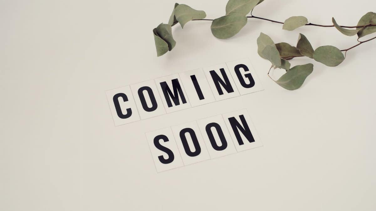 Eucalyptus branch with 'Coming Soon' message on white background for announcements.