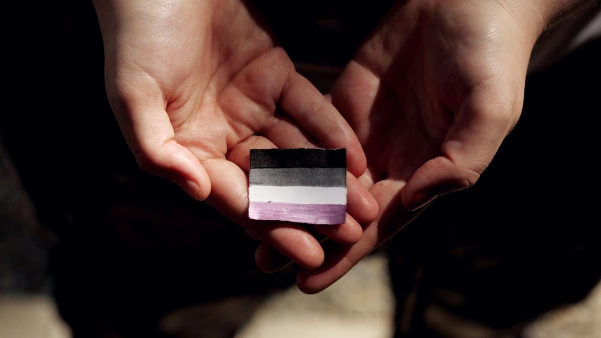 Close-up of hands gently holding an asexual pride flag, symbolizing equality and inclusion.