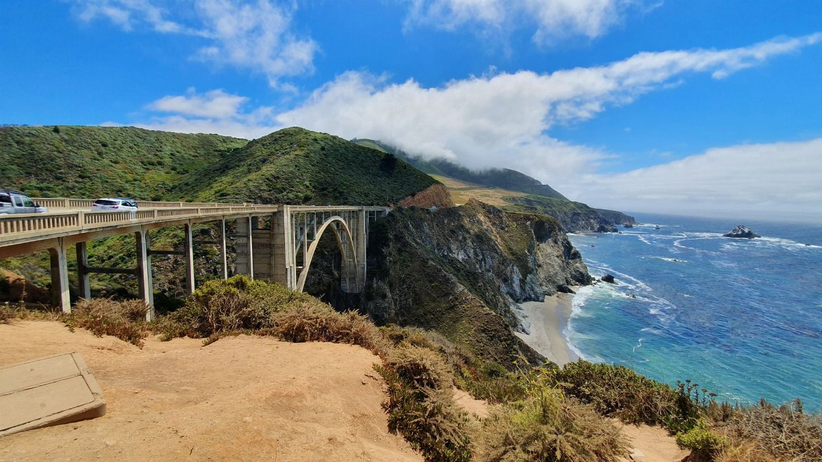Stunning view of Bixby Creek Bridge against coastal cliffs and ocean in Big Sur, California.