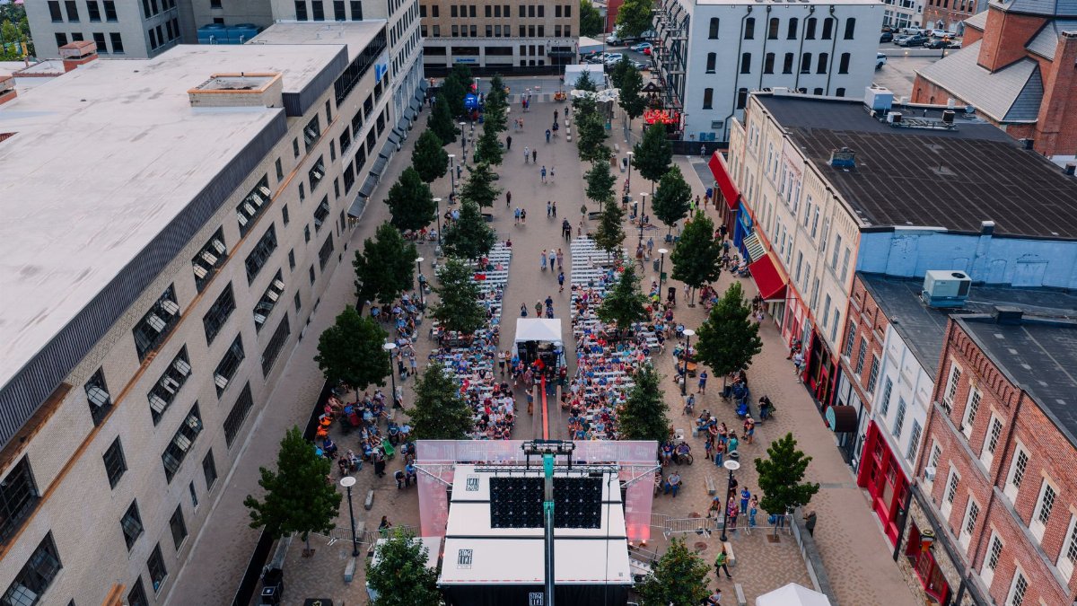 A lively aerial view of a street festival in Chattanooga, Tennessee showcasing vibrant crowds and urban architecture.