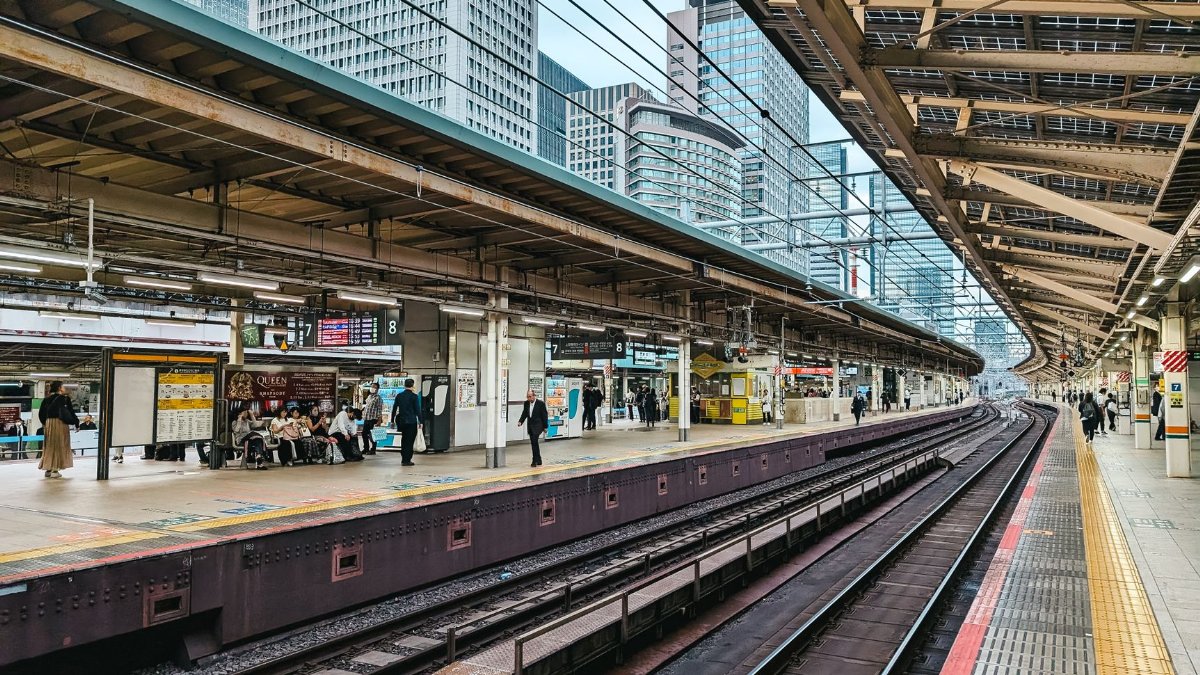 A bustling railway station platform with people waiting, showcasing urban transportation and architecture.