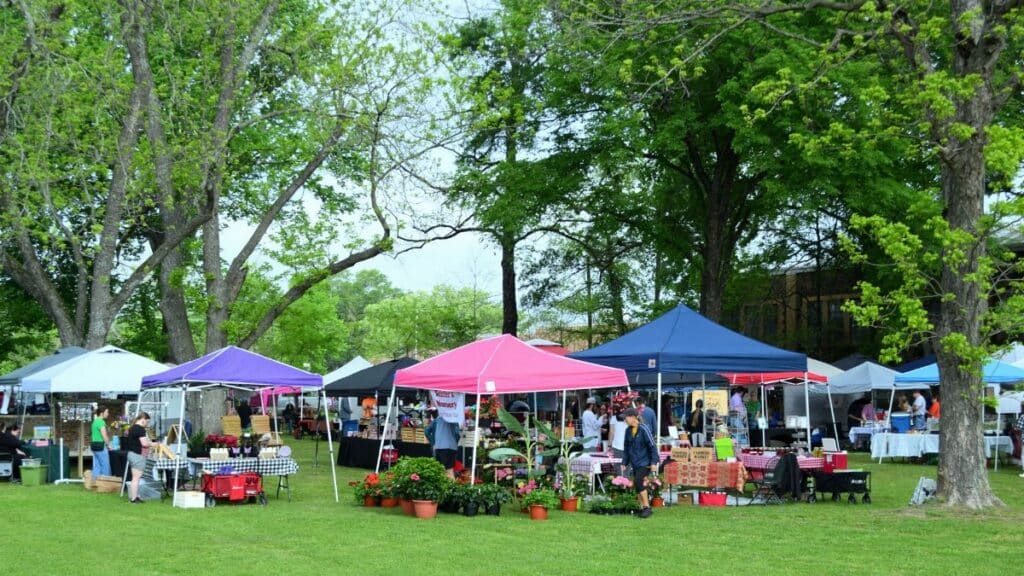 A bustling outdoor market with colorful tents and visitors in Whitehouse, Texas.