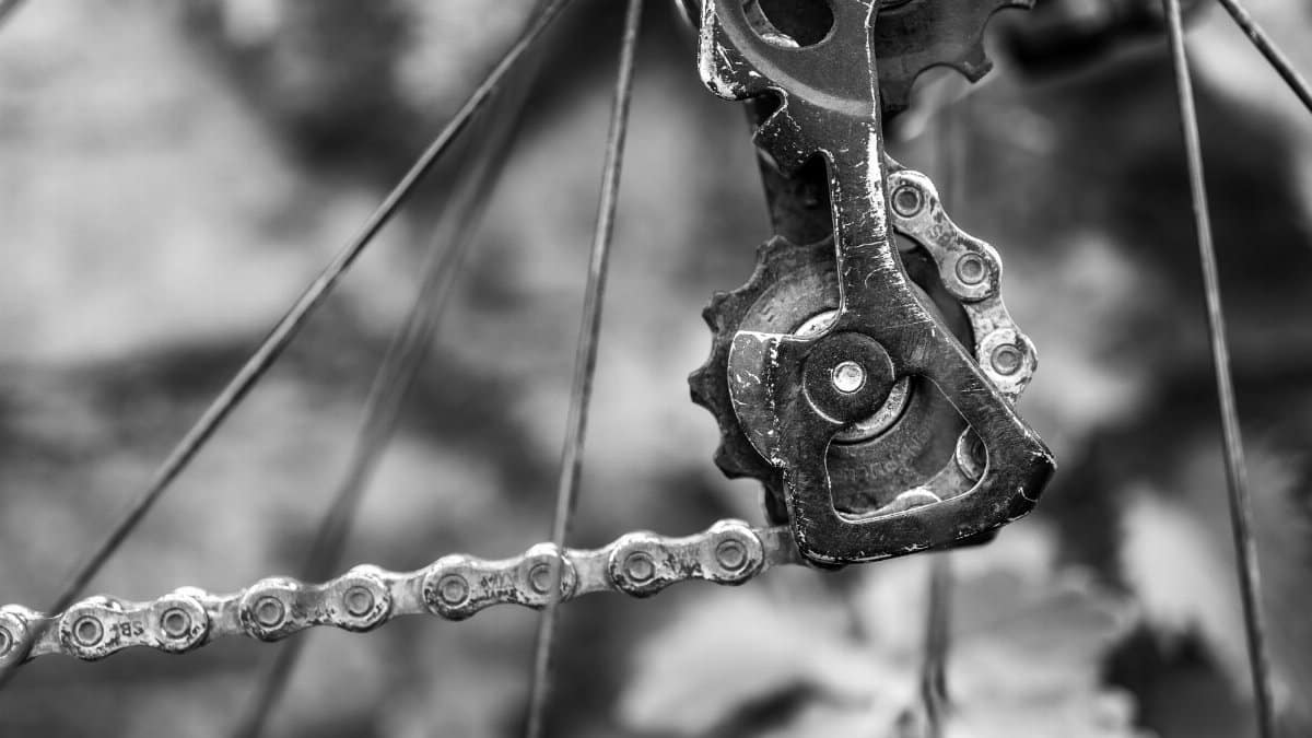 A detailed black and white shot of a bicycle gear and chain mechanism.