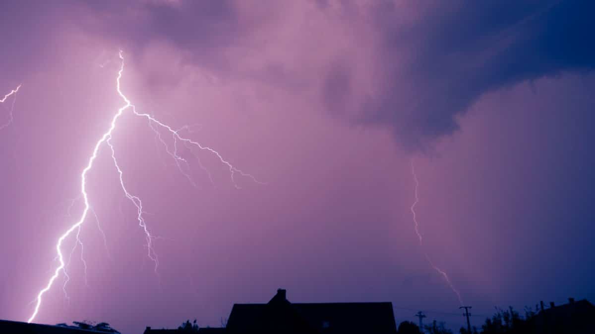 Dramatic night scene of vivid lightning striking under a purple sky. Atmospheric summer storm.