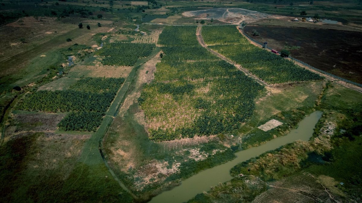 Aerial photo showcasing expansive cropland landscape near a river in Abuja, Nigeria.