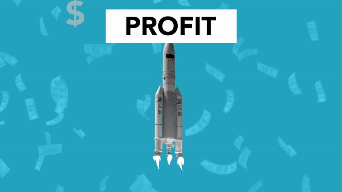 Creative illustration representing economic profit concept with flying rocket among falling dollar cash