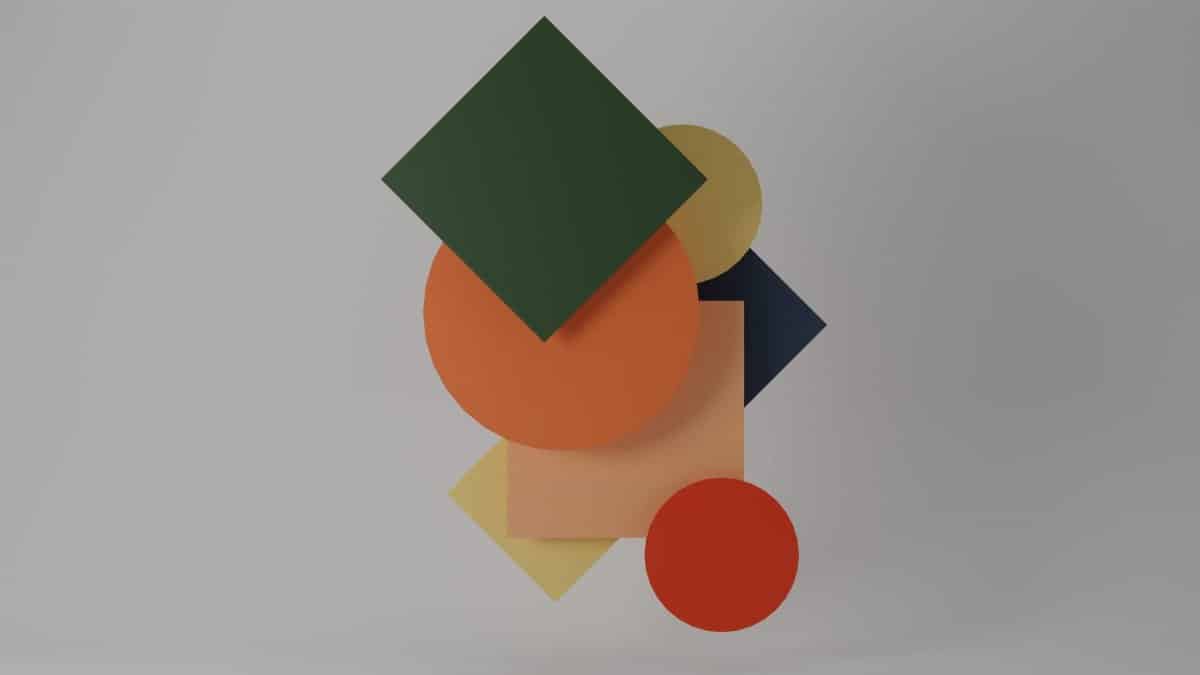 A modern composition of overlapping geometric shapes in vibrant colors forming an abstract design.