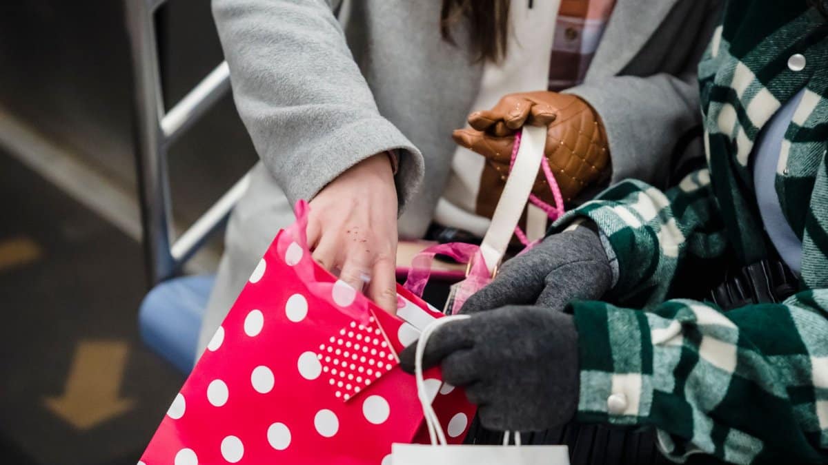 Crop faceless women in warm clothes and gloves sitting on seat in bright subway train with shopping bags near metal railing